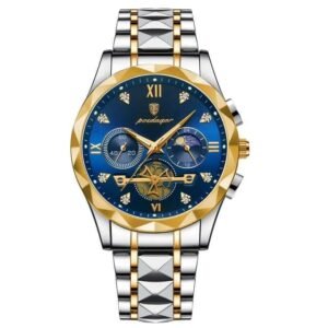 POEDAGAR 996 Luxury Original Chronograph Men’s Wrist Watch – Gold Blue